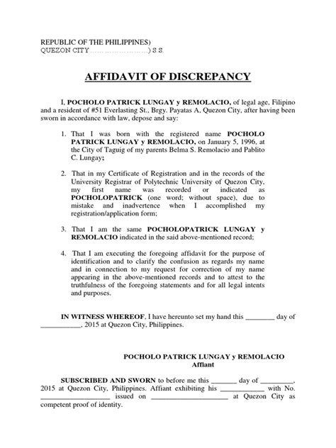 Affidavit of Discrepancy Sample .